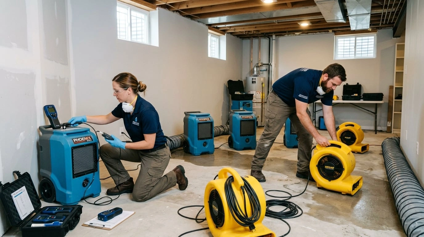 Professional water damage restoration team working in a residential basement with commercial drying equipment