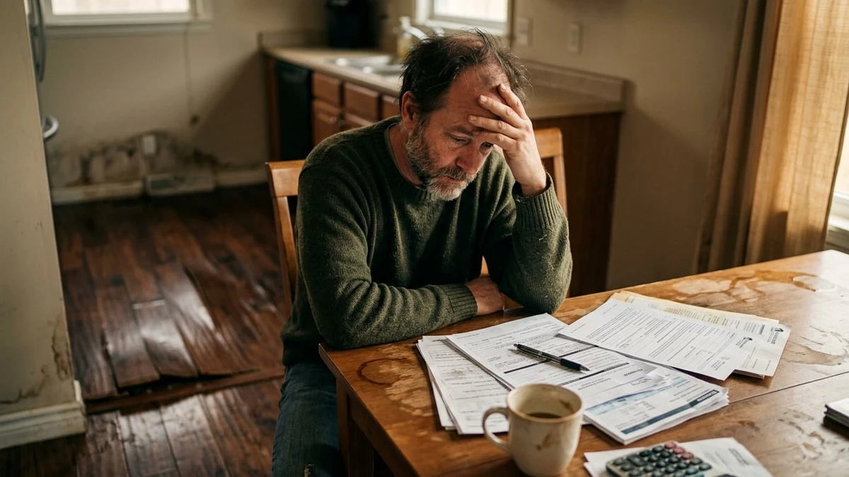 Homeowner reviewing water damage insurance paperwork at a damaged kitchen table