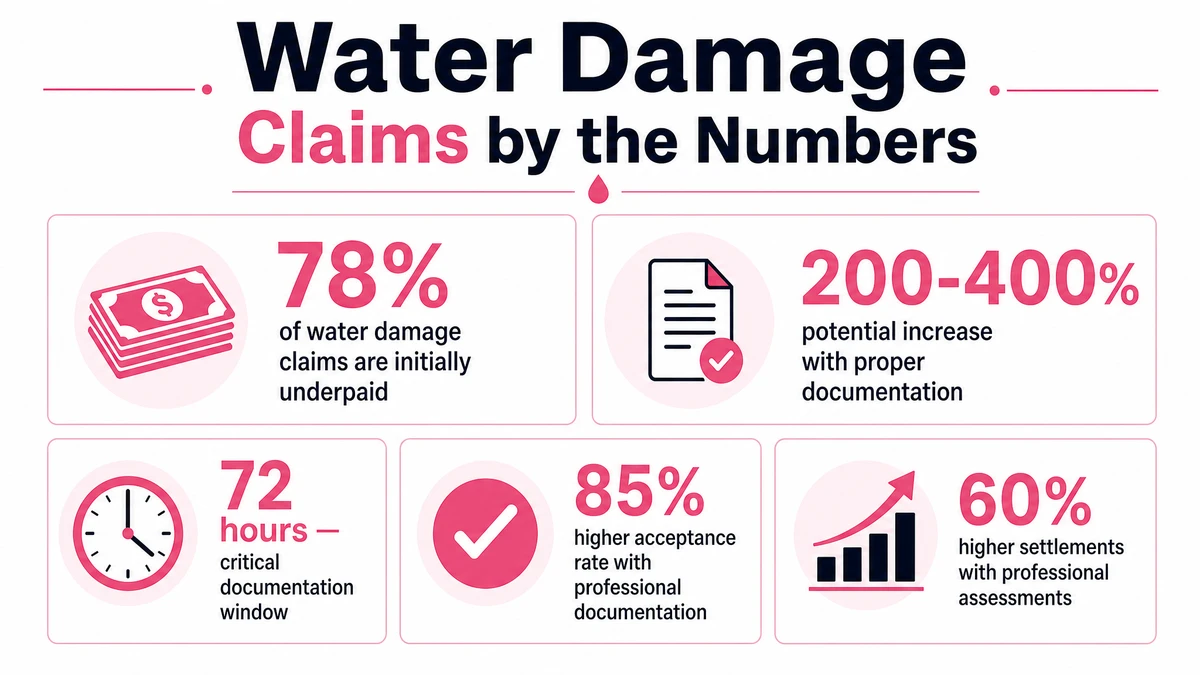 Water damage claims statistics infographic showing 78% of claims are initially underpaid and 200-400% potential increase with proper documentation