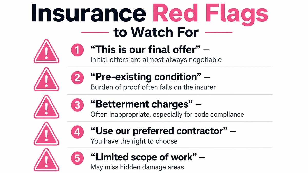 Insurance red flags infographic showing five warning signs homeowners should watch for during water damage claims