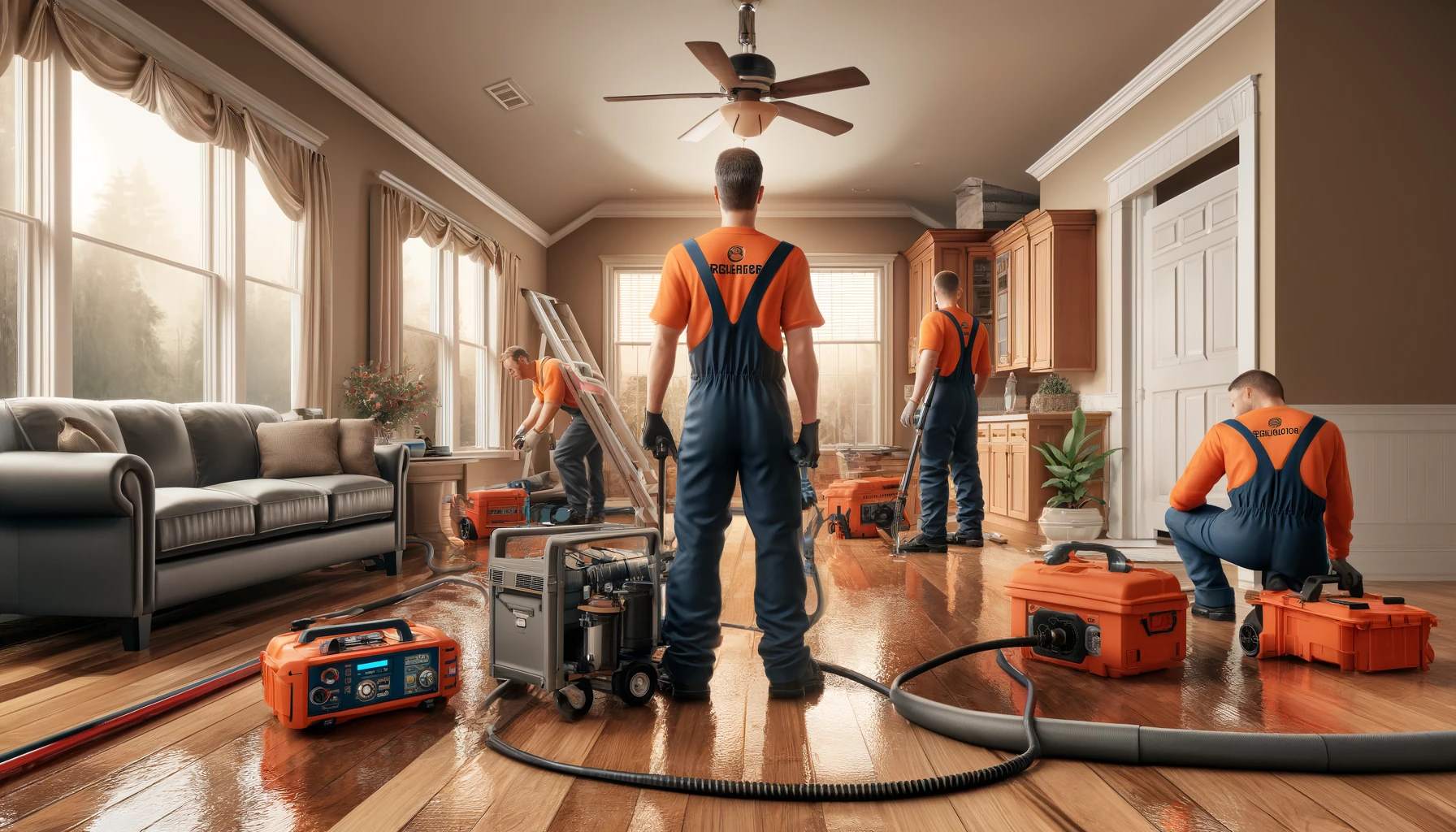 Professional restoration technician using industrial dehumidifiers and air movers to dry water-damaged Bellevue home