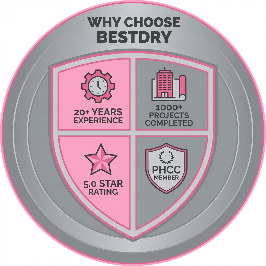 BestDry credentials: 20+ years, 1000+ projects, 5.0 rating, PHCC member