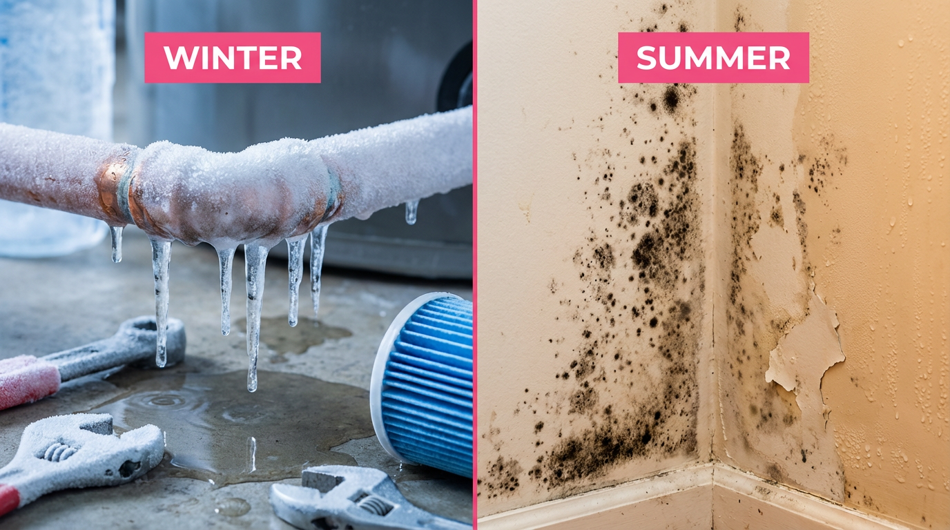 Seasonal water damage risks in Carnation WA: winter burst pipes and summer mold growth