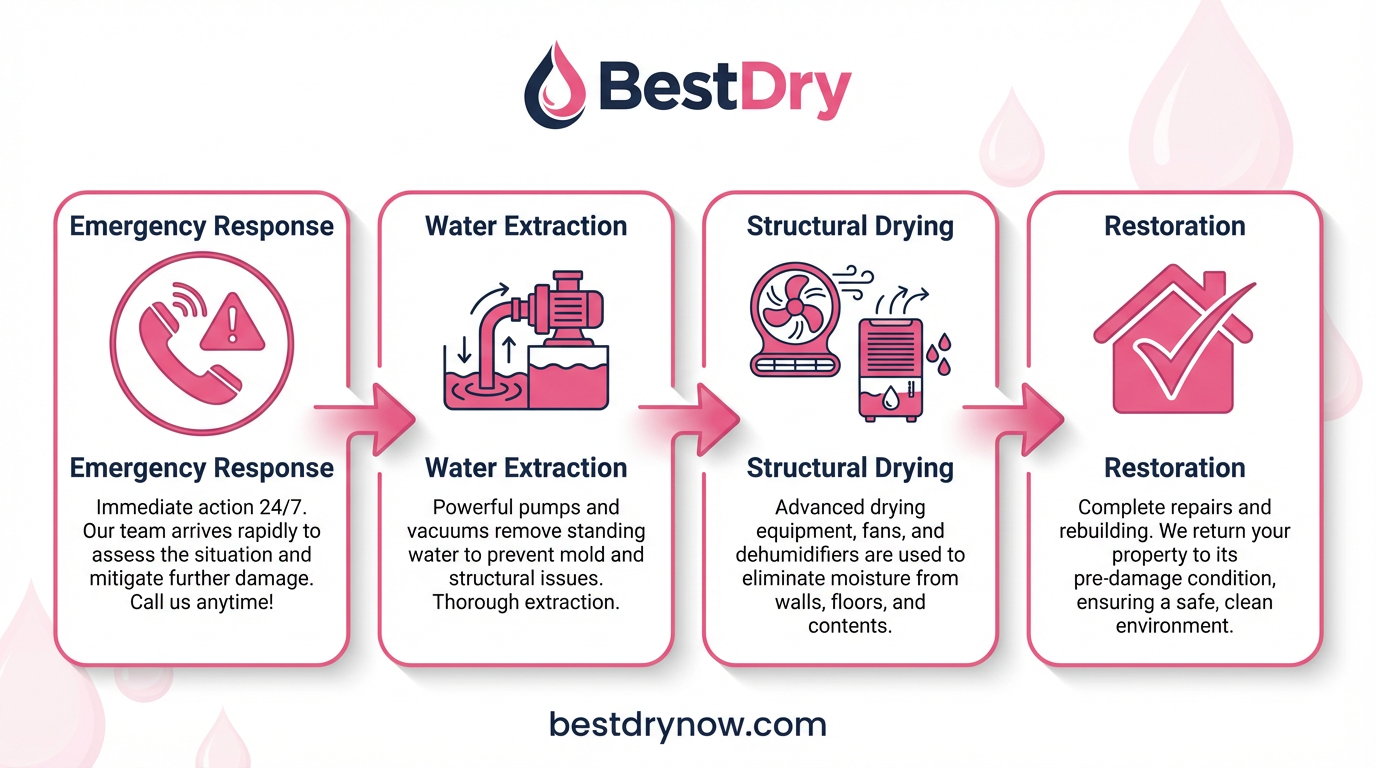 BestDry's 4-step water damage restoration process infographic showing Emergency Response, Water Extraction, Drying & Dehumidification, and Restoration & Repair phases in Duvall, WA