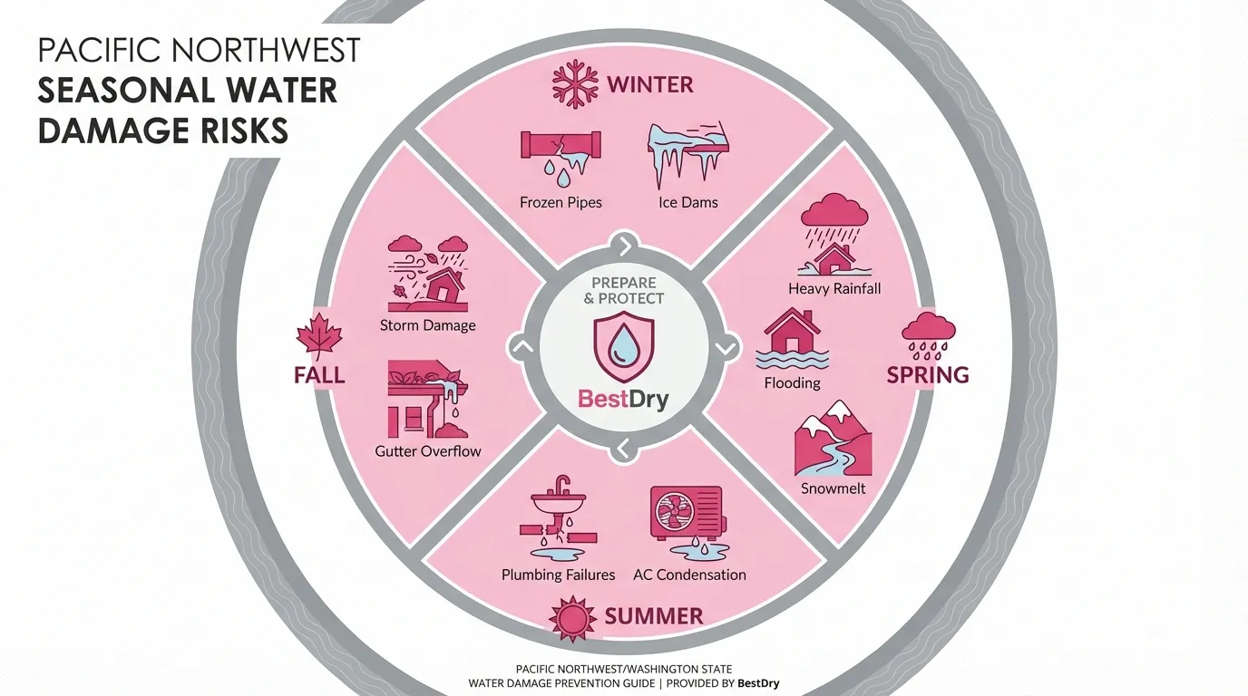 Seasonal water damage risks in Washington State and Duvall area - Winter frozen pipes, Spring flooding, Summer plumbing failures, Fall storm damage - BestDry seasonal guide