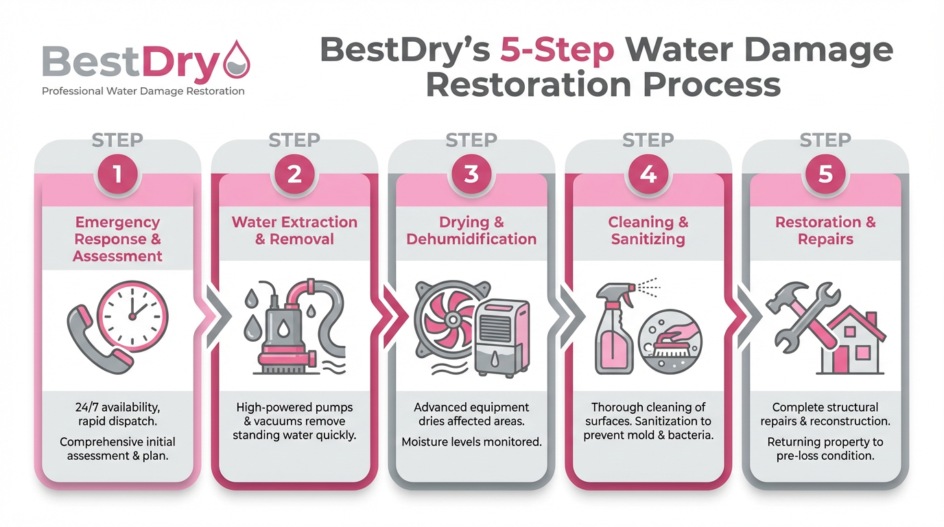 5-step water damage restoration process infographic
