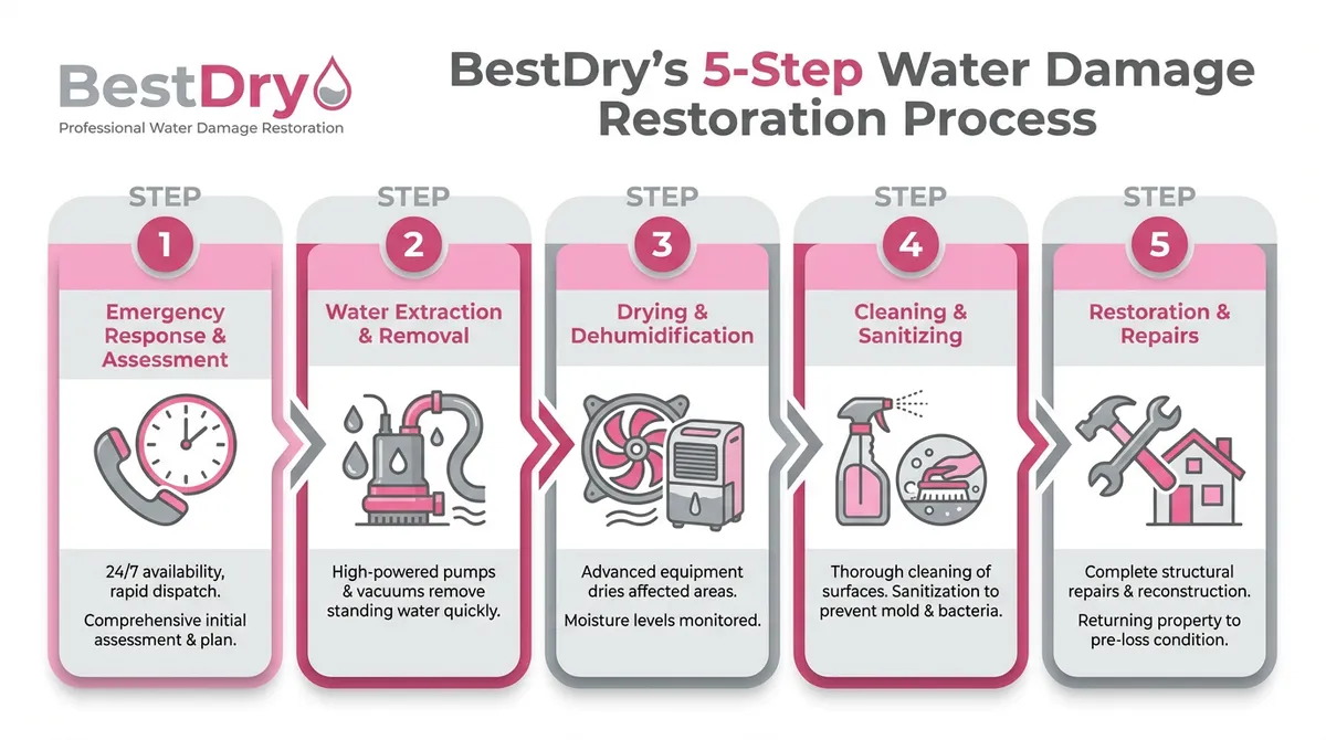 BestDry 5-step water damage restoration process infographic for Fall City, WA