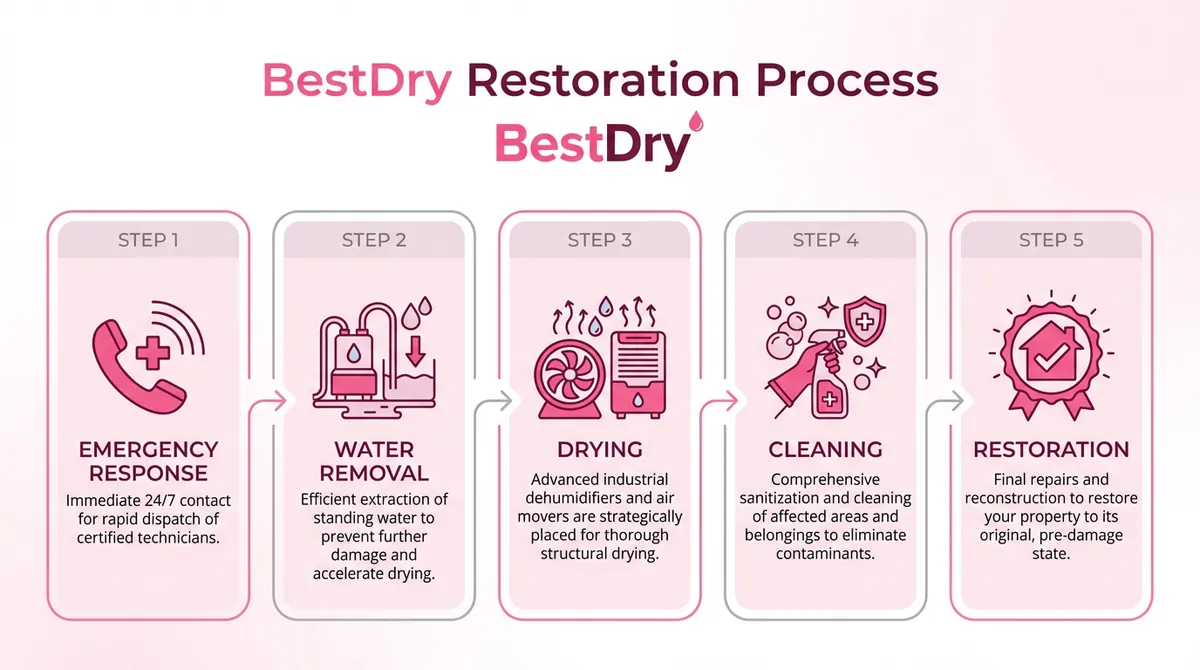 BestDry 5-step water damage restoration process: Emergency Response, Water Removal, Drying, Cleaning, and Restoration