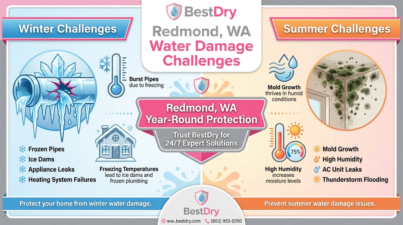 Seasonal water damage challenges in Redmond WA: winter burst pipes and summer mold growth prevention