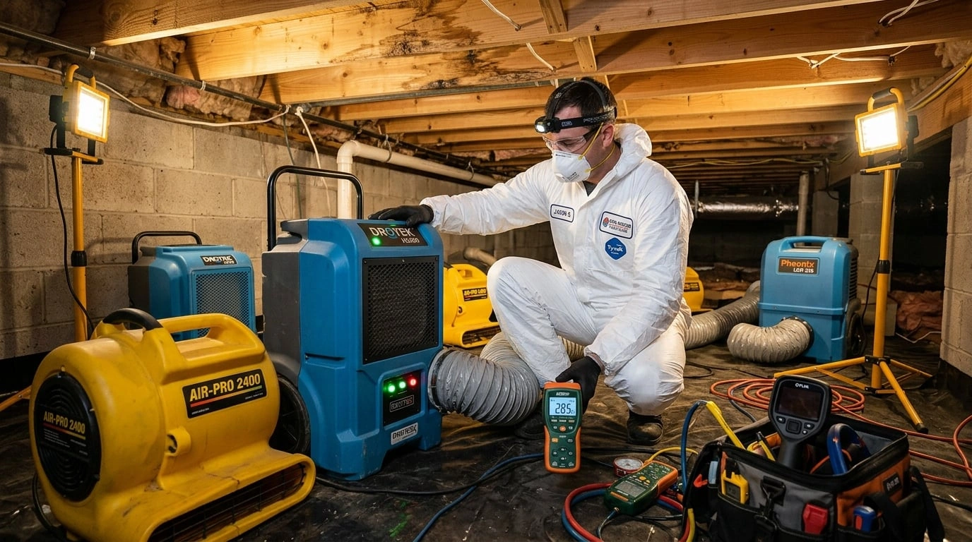 Professional restoration technician performing crawl space water removal with commercial drying equipment