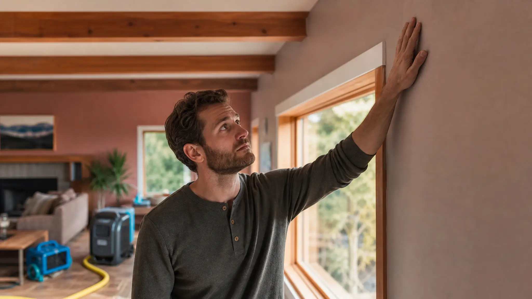 Homeowner inspecting home for hidden water damage after Pacific Northwest storm