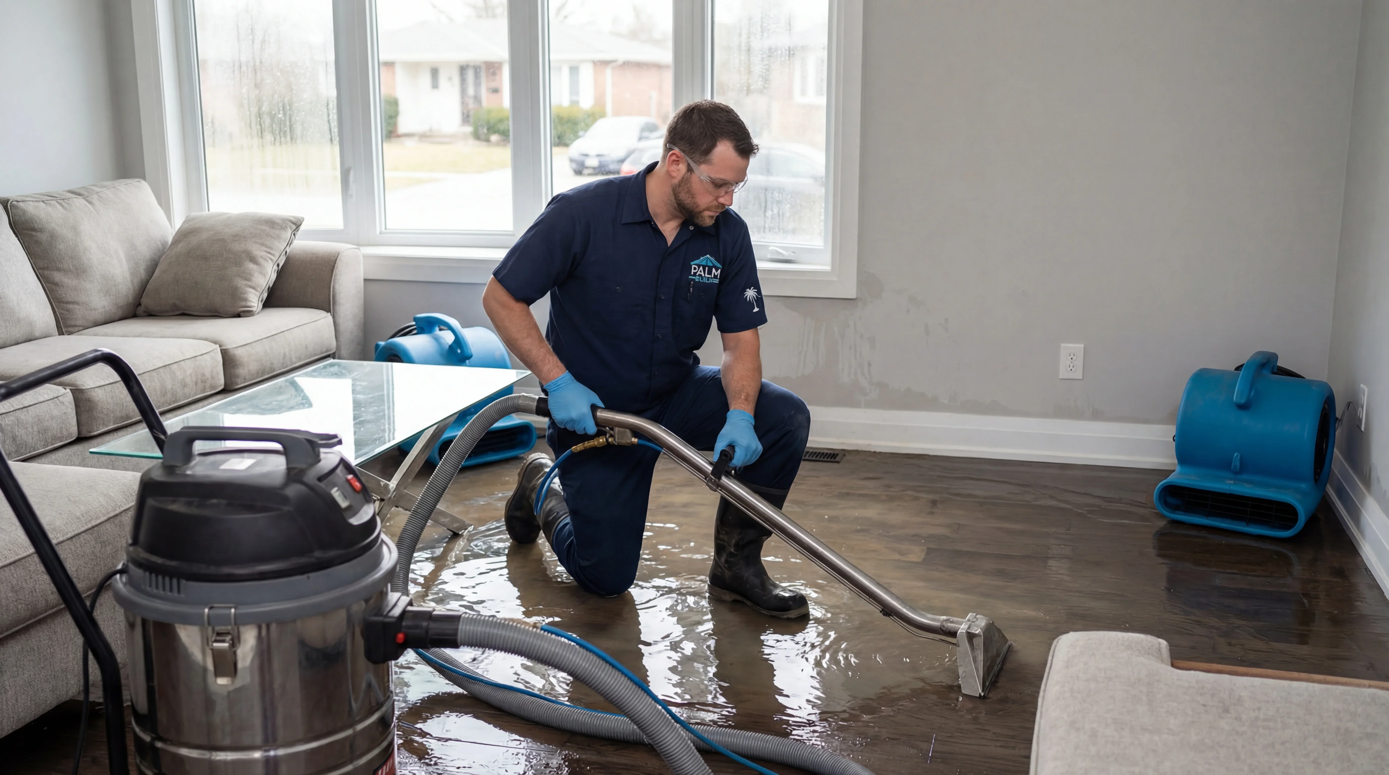 Professional water damage restoration team working in an Issaquah WA home near Tiger Mountain