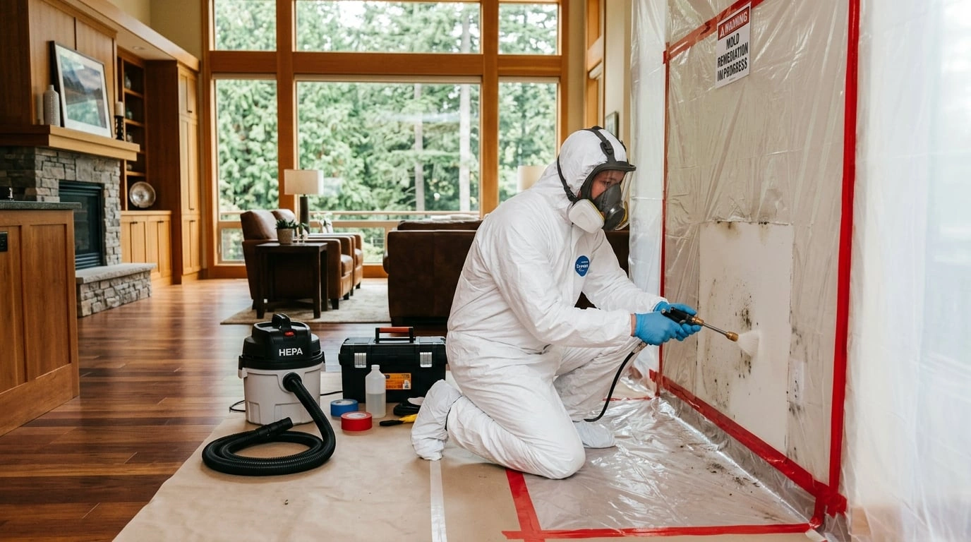 Professional mold remediation specialist treating a wall in a Bellevue WA home