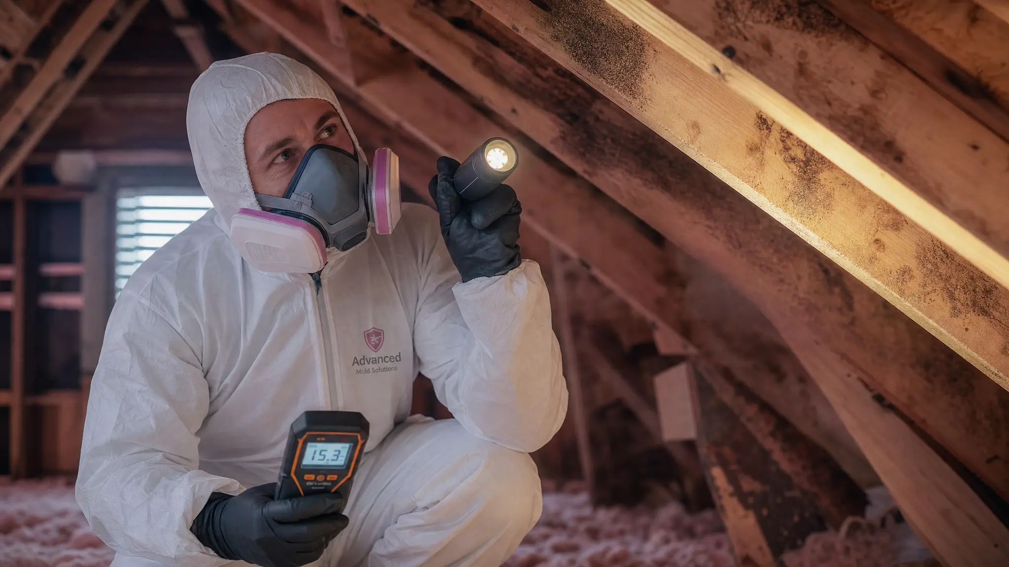 Professional mold remediation technician inspecting attic for mold growth