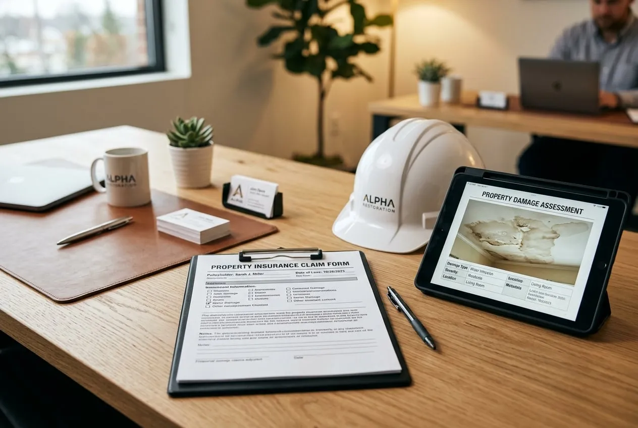 Water damage insurance claim documents and hard hat on a desk representing TPA claims management