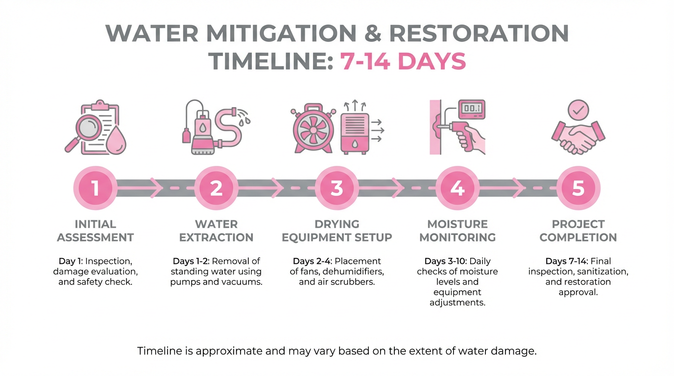 Professional water mitigation timeline infographic showing 7-14 day process with step-by-step restoration service