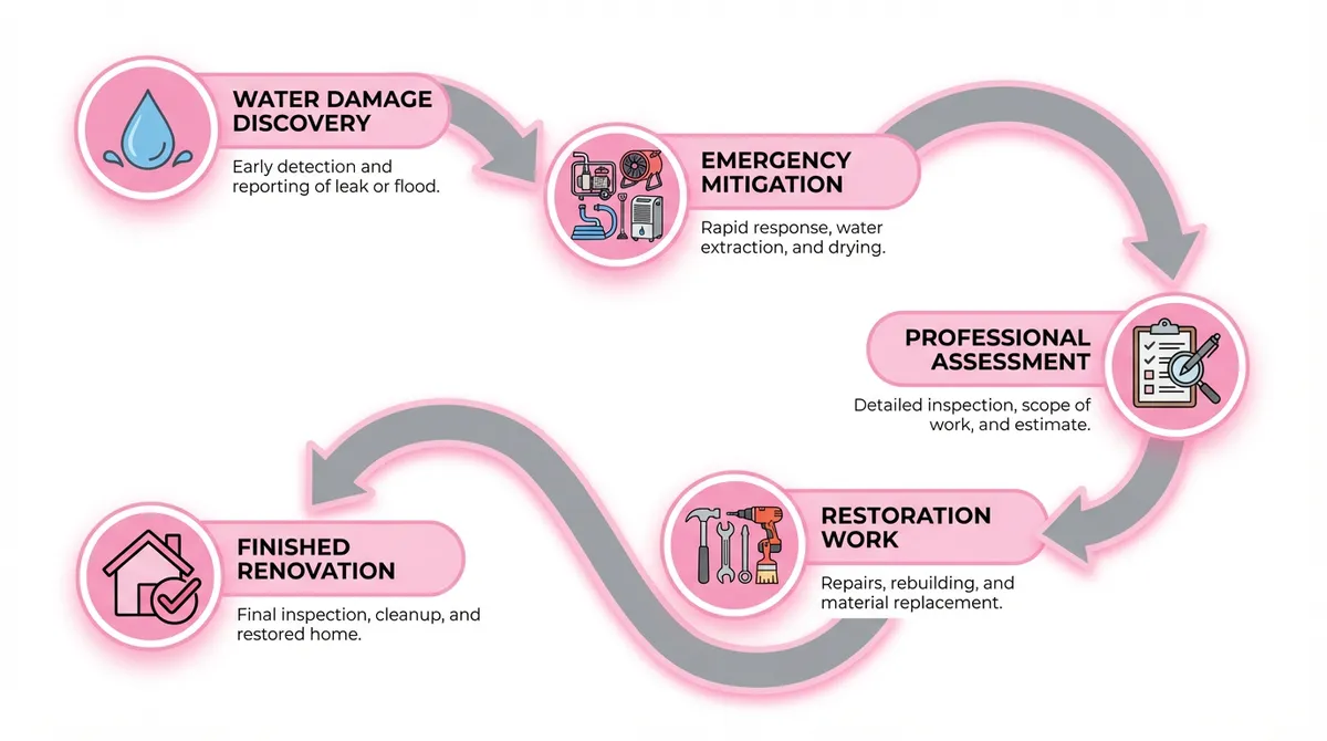 Home restoration service process infographic showing 5 stages from water damage to finished renovation
